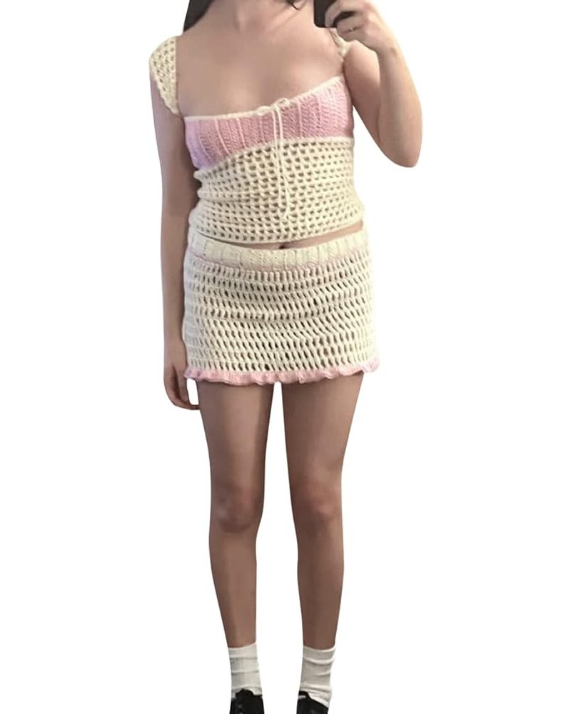 Women Y2K Skirt Set Sleeveless Crochet Knit Crop Top Low Waist Bodycon Mini Skirt Outfit Summer Party Beach Cover Up Beige Pi...