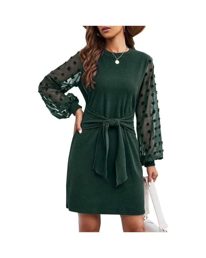 Womens Business Casual Dress Long Sleeve Work Dresses Tie Front Knee Length Ribbed Knit Dresses Green $11.75 Dresses