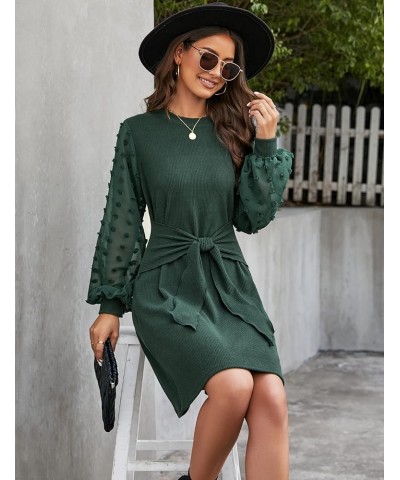 Womens Business Casual Dress Long Sleeve Work Dresses Tie Front Knee Length Ribbed Knit Dresses Green $11.75 Dresses