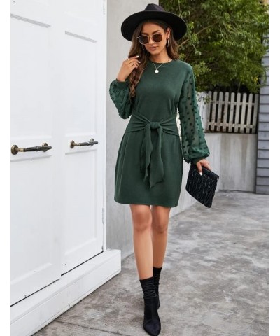 Womens Business Casual Dress Long Sleeve Work Dresses Tie Front Knee Length Ribbed Knit Dresses Green $11.75 Dresses