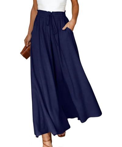 Womens High Waist Loose Fit Solid Palazzo Pants Elastic Waist Wide Leg Trousers Culottes with Pocket Belt Dark Blue $19.24 Pants