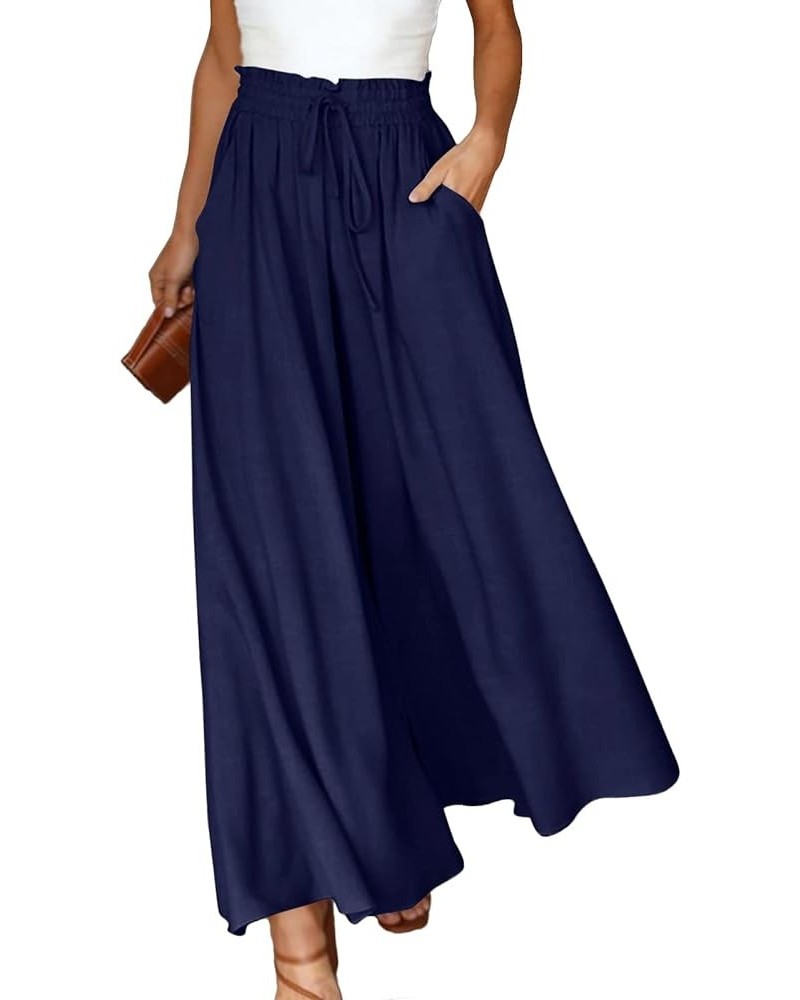 Womens High Waist Loose Fit Solid Palazzo Pants Elastic Waist Wide Leg Trousers Culottes with Pocket Belt Dark Blue $19.24 Pants