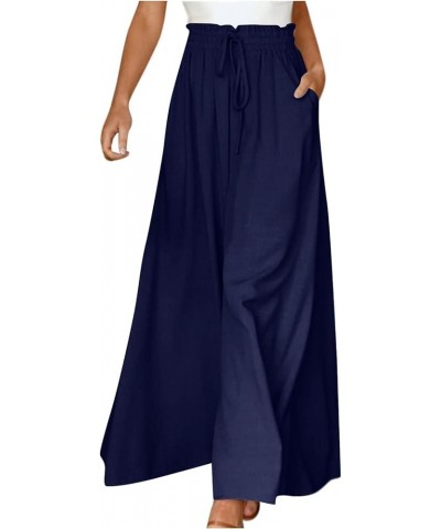 Womens High Waist Loose Fit Solid Palazzo Pants Elastic Waist Wide Leg Trousers Culottes with Pocket Belt Dark Blue $19.24 Pants