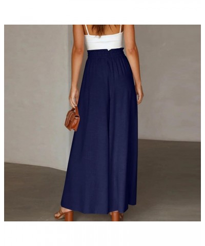 Womens High Waist Loose Fit Solid Palazzo Pants Elastic Waist Wide Leg Trousers Culottes with Pocket Belt Dark Blue $19.24 Pants