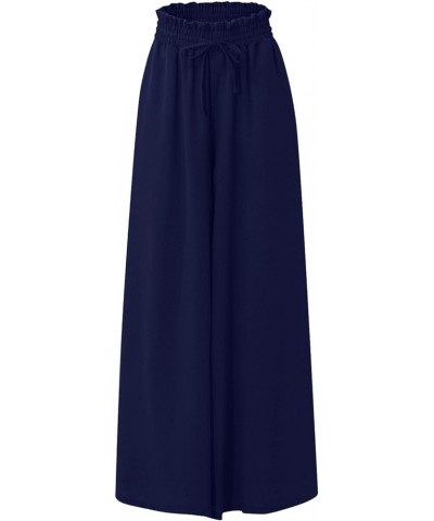 Womens High Waist Loose Fit Solid Palazzo Pants Elastic Waist Wide Leg Trousers Culottes with Pocket Belt Dark Blue $19.24 Pants