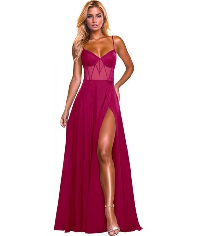 Prom Dresses Long for Women with Slit Chiffon A-Line Corset Spaghetti Straps Formal Evening Gown Fuchsia $35.25 Dresses