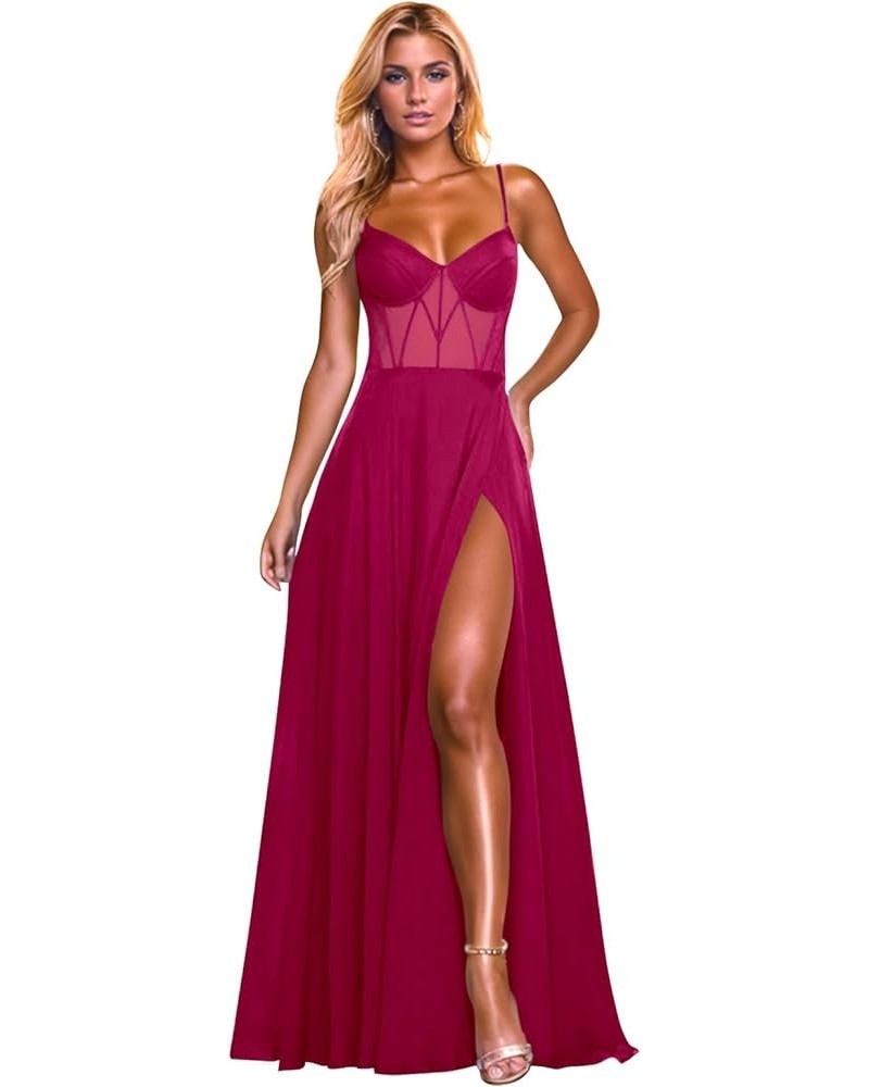 Prom Dresses Long for Women with Slit Chiffon A-Line Corset Spaghetti Straps Formal Evening Gown Fuchsia $35.25 Dresses