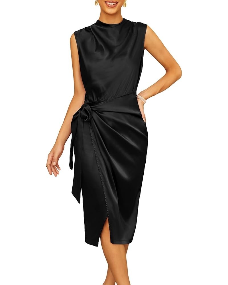 Women's Satin Sleeveless Mock Neck Keyhole Bodycon Dresses Cowl Neck Tie Waist Faux Wrap Midi Cocktail Dress Black $32.93 Dre...