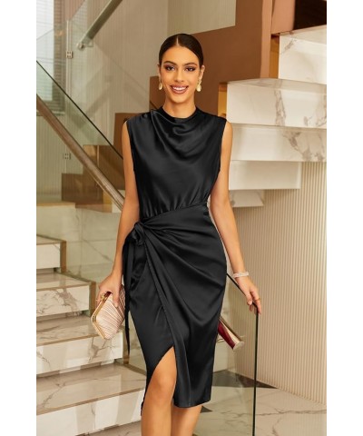 Women's Satin Sleeveless Mock Neck Keyhole Bodycon Dresses Cowl Neck Tie Waist Faux Wrap Midi Cocktail Dress Black $32.93 Dre...