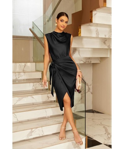 Women's Satin Sleeveless Mock Neck Keyhole Bodycon Dresses Cowl Neck Tie Waist Faux Wrap Midi Cocktail Dress Black $32.93 Dre...