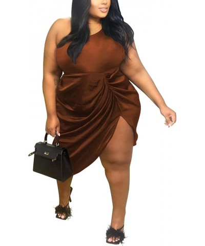 Plus Size Womens Fold Dress Sexy Causal One Shoulder Solid Color Dress Bodycon Sleeveless Dress Brown $23.93 Dresses