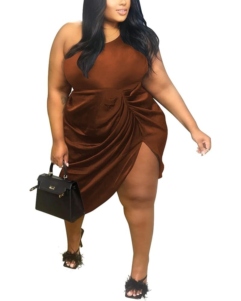 Plus Size Womens Fold Dress Sexy Causal One Shoulder Solid Color Dress Bodycon Sleeveless Dress Brown $23.93 Dresses