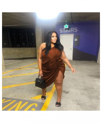 Plus Size Womens Fold Dress Sexy Causal One Shoulder Solid Color Dress Bodycon Sleeveless Dress Brown $23.93 Dresses