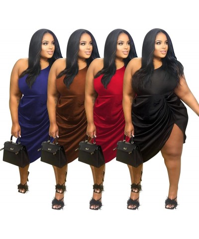 Plus Size Womens Fold Dress Sexy Causal One Shoulder Solid Color Dress Bodycon Sleeveless Dress Brown $23.93 Dresses