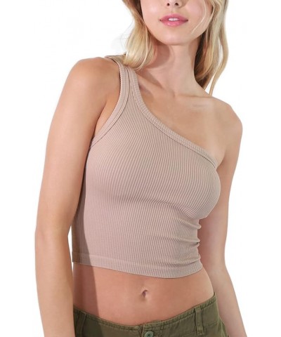 Women Seamless Solid One Shoulder Crop Top, Made in U.S.A, One Size Almond $17.48 Tanks