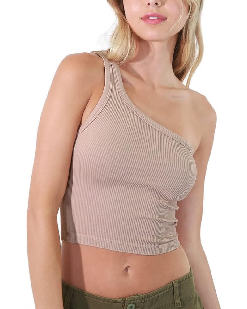 Women Seamless Solid One Shoulder Crop Top, Made in U.S.A, One Size Almond $17.48 Tanks