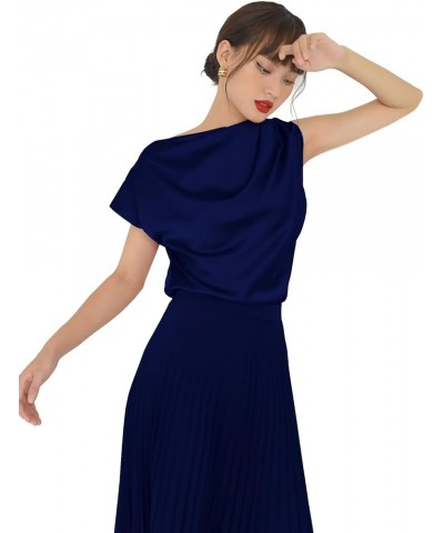 Classy Draped Silk Satin Top Asymmetrical Off Shoulder Cap Sleeves Blouse Navy $19.24 Blouses