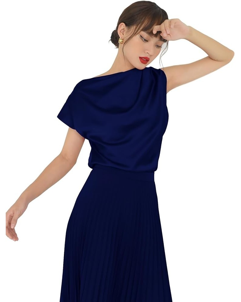 Classy Draped Silk Satin Top Asymmetrical Off Shoulder Cap Sleeves Blouse Navy $19.24 Blouses