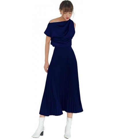 Classy Draped Silk Satin Top Asymmetrical Off Shoulder Cap Sleeves Blouse Navy $19.24 Blouses