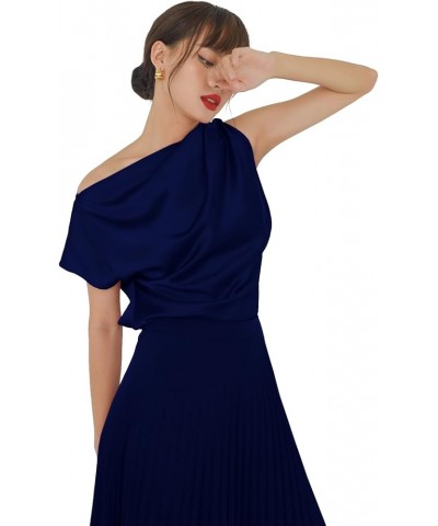 Classy Draped Silk Satin Top Asymmetrical Off Shoulder Cap Sleeves Blouse Navy $19.24 Blouses