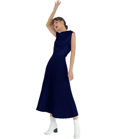 Classy Draped Silk Satin Top Asymmetrical Off Shoulder Cap Sleeves Blouse Navy $19.24 Blouses