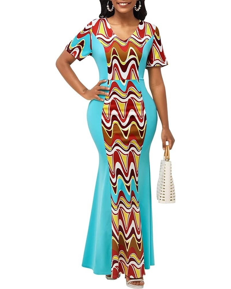 Casual Long Maxi Dresses for Women Elegant Flowy Cocktail Tropical Dress Clubwear Party Outfits Blue/Geometrice $16.00 Dresses