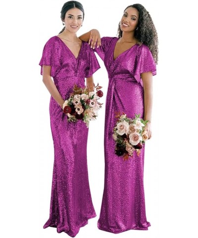 Women's V Neck Sequin Bridesmaid Dresses Long Sparkly Prom Dresses 2024 Mermaid Wrap Formal Evening Gowns Royal Purple $36.12...