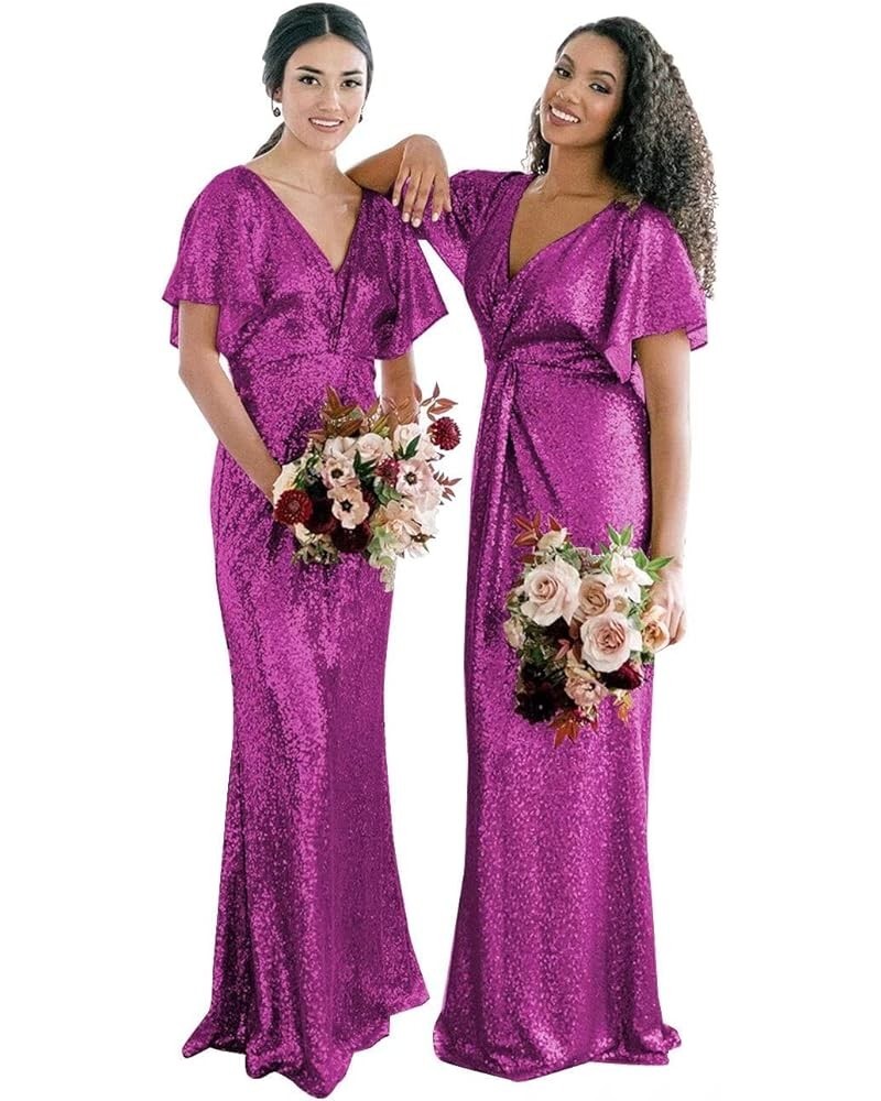 Women's V Neck Sequin Bridesmaid Dresses Long Sparkly Prom Dresses 2024 Mermaid Wrap Formal Evening Gowns Royal Purple $36.12...