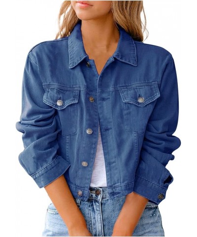 Jean Jacket for Women Ripped Puff Sleeve Frayed Slim Denim Crop Top Cropped Jean Jacket E Dark Blue $18.49 Jackets