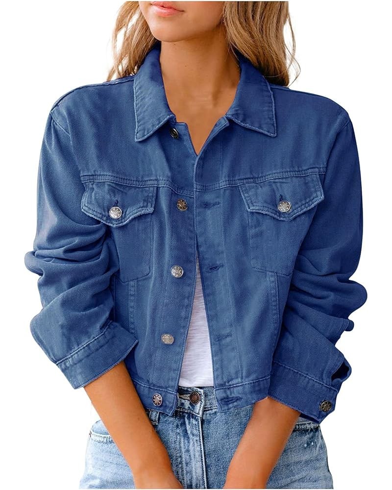 Jean Jacket for Women Ripped Puff Sleeve Frayed Slim Denim Crop Top Cropped Jean Jacket E Dark Blue $18.49 Jackets