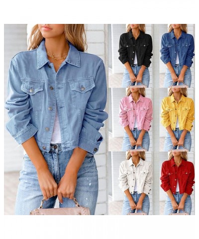 Jean Jacket for Women Ripped Puff Sleeve Frayed Slim Denim Crop Top Cropped Jean Jacket E Dark Blue $18.49 Jackets