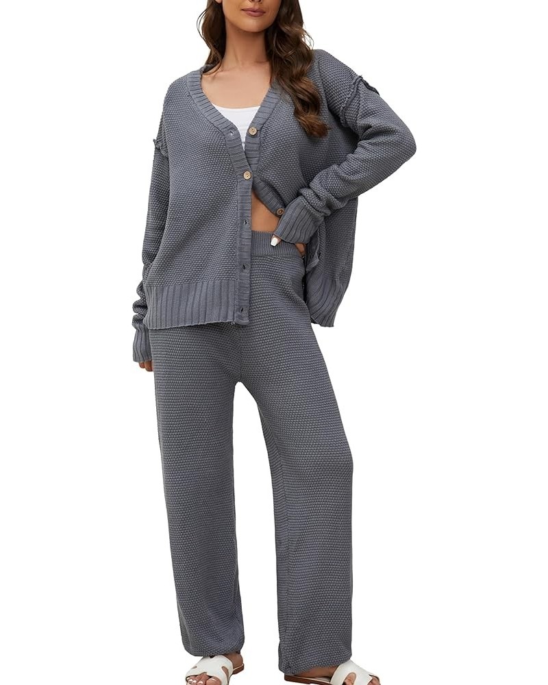 Women's Two Piece Outfits Sweater Sets Knit Cardigan Top and Loose Fit Wide Leg Pants Casual Lounge Set Dark Grey $21.60 Swea...