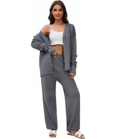 Women's Two Piece Outfits Sweater Sets Knit Cardigan Top and Loose Fit Wide Leg Pants Casual Lounge Set Dark Grey $21.60 Swea...