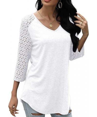 Womens V-Neck 3/4 Sleeve Lace Patchwork Top Pure Color Casual Tunics Raglan Sleeve White $13.49 Tops