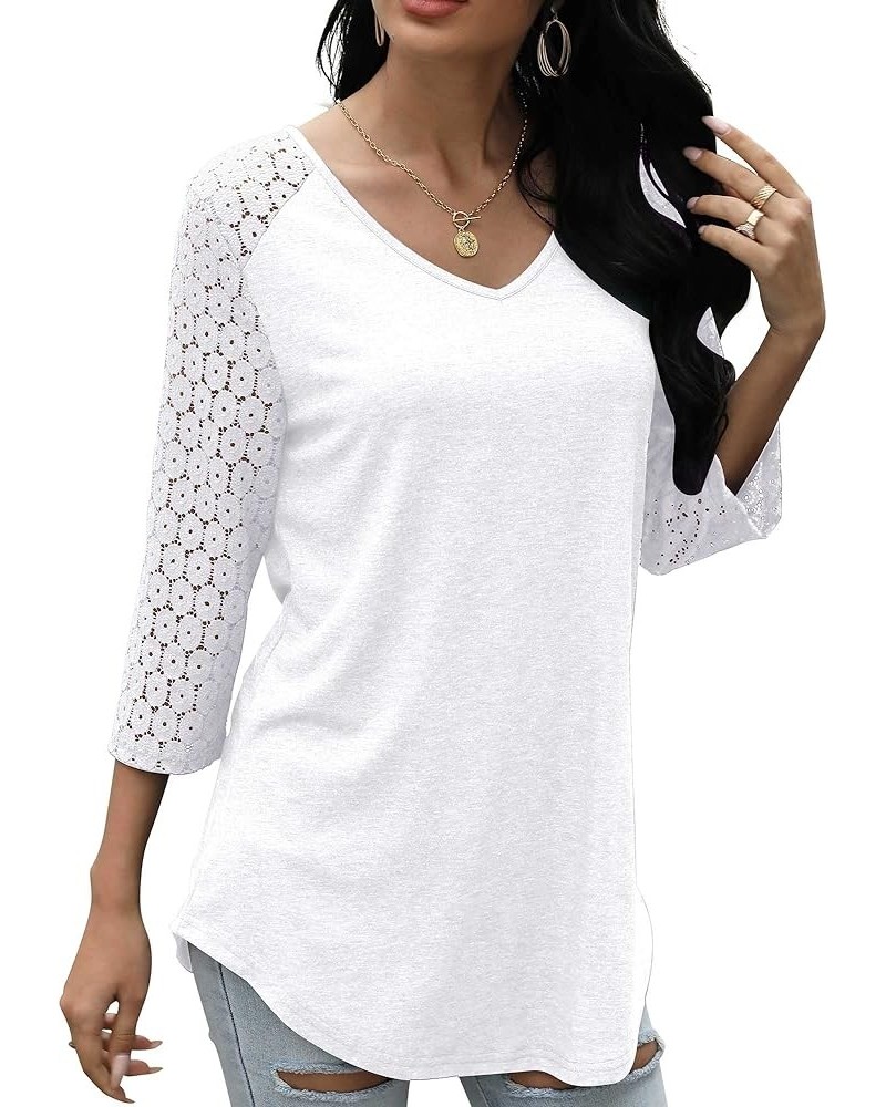 Womens V-Neck 3/4 Sleeve Lace Patchwork Top Pure Color Casual Tunics Raglan Sleeve White $13.49 Tops