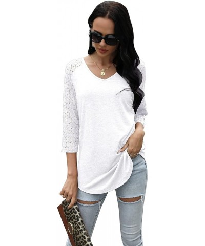 Womens V-Neck 3/4 Sleeve Lace Patchwork Top Pure Color Casual Tunics Raglan Sleeve White $13.49 Tops