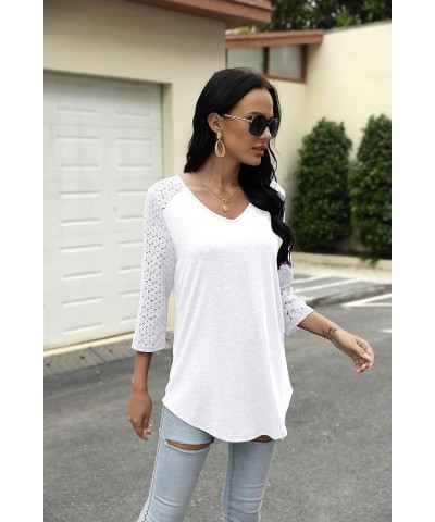 Womens V-Neck 3/4 Sleeve Lace Patchwork Top Pure Color Casual Tunics Raglan Sleeve White $13.49 Tops