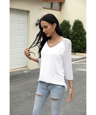 Womens V-Neck 3/4 Sleeve Lace Patchwork Top Pure Color Casual Tunics Raglan Sleeve White $13.49 Tops