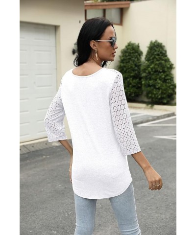 Womens V-Neck 3/4 Sleeve Lace Patchwork Top Pure Color Casual Tunics Raglan Sleeve White $13.49 Tops