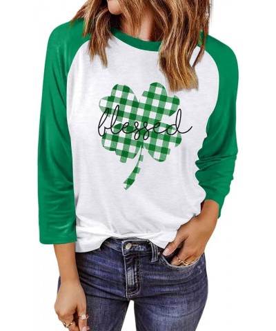 St. Patricks Day Shirt for Women Plaid Shamrock Graphic Tees 3/4 Sleeve Raglan Shirt Casual Holiday Pullover Tops White $10.2...