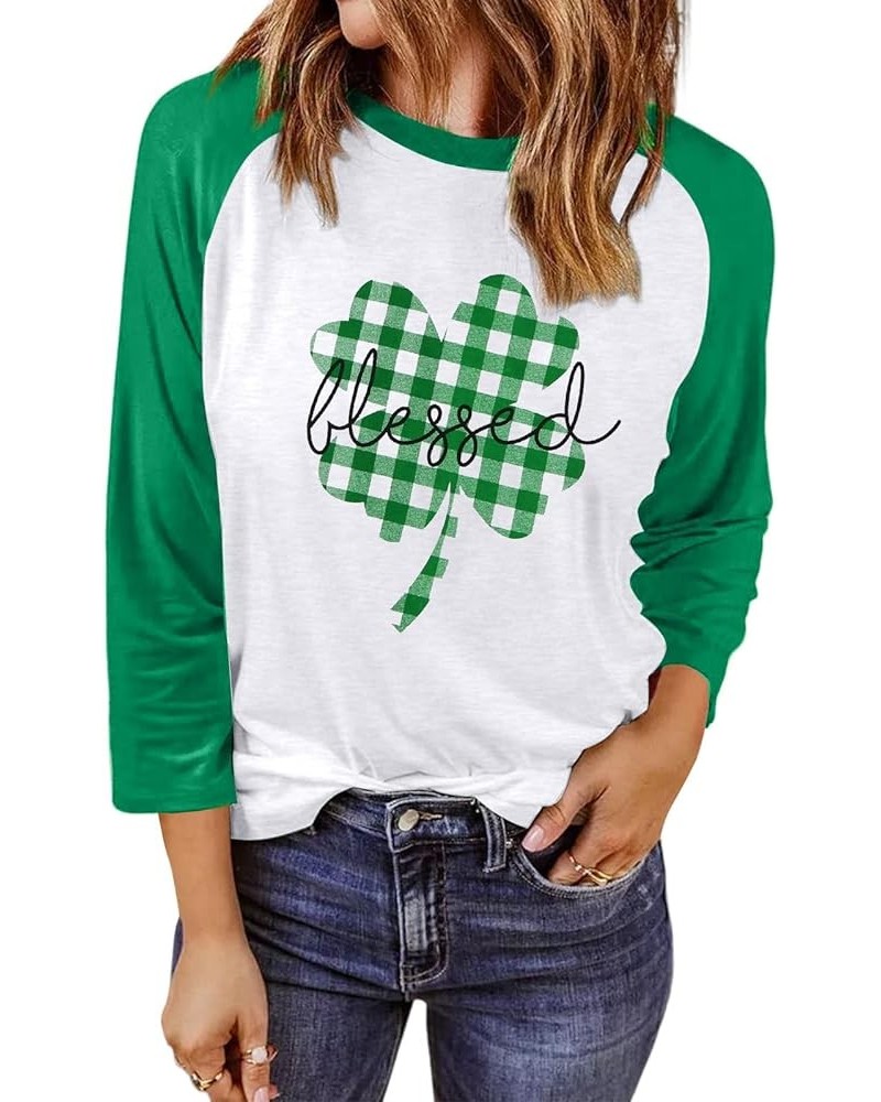 St. Patricks Day Shirt for Women Plaid Shamrock Graphic Tees 3/4 Sleeve Raglan Shirt Casual Holiday Pullover Tops White $10.2...