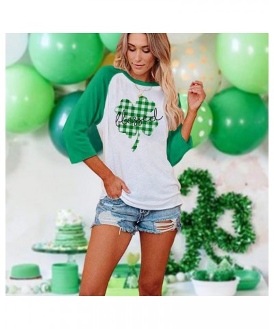 St. Patricks Day Shirt for Women Plaid Shamrock Graphic Tees 3/4 Sleeve Raglan Shirt Casual Holiday Pullover Tops White $10.2...