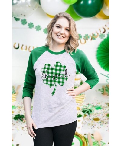 St. Patricks Day Shirt for Women Plaid Shamrock Graphic Tees 3/4 Sleeve Raglan Shirt Casual Holiday Pullover Tops White $10.2...