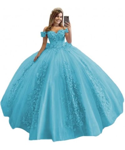 Quinceanera Dresses Ball Gowns Lace Off Shoulder Prom Dresses 3D Flower Puffy Sweet 15 16 Dresses for Women Blue $56.83 Dresses