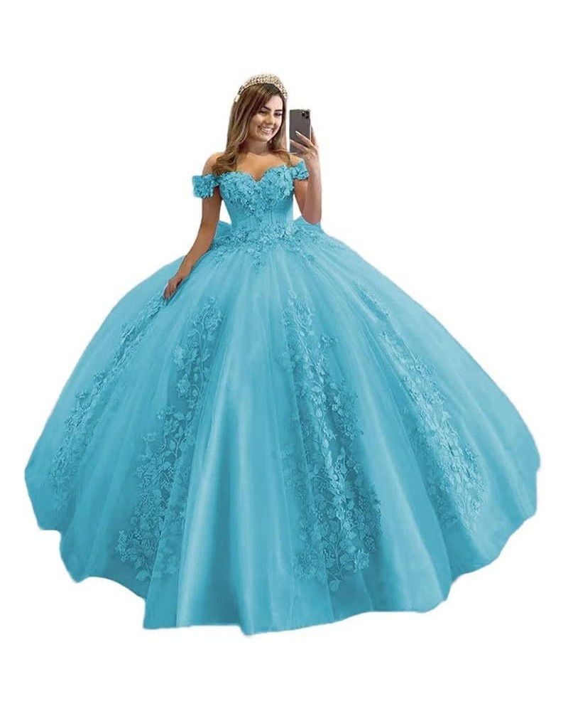 Quinceanera Dresses Ball Gowns Lace Off Shoulder Prom Dresses 3D Flower Puffy Sweet 15 16 Dresses for Women Blue $56.83 Dresses