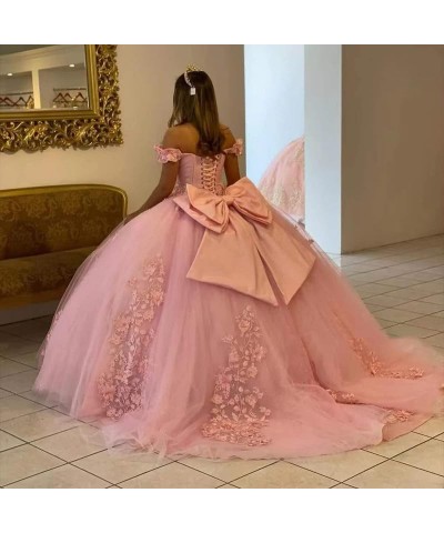 Quinceanera Dresses Ball Gowns Lace Off Shoulder Prom Dresses 3D Flower Puffy Sweet 15 16 Dresses for Women Blue $56.83 Dresses