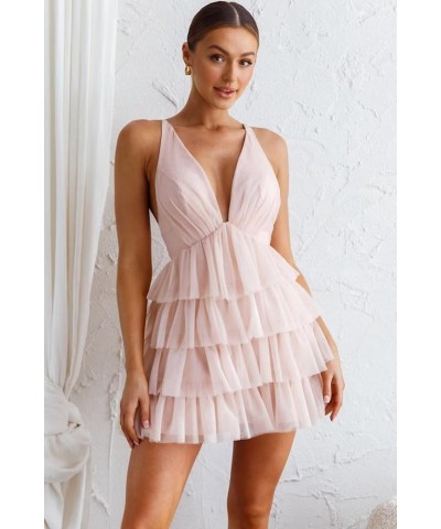 Women's Sleeveless Crisscross Backless Deep V Neck Adjustable Spaghetti Strap Tiered Frill Tulle Mini Dress Lavender $35.55 D...