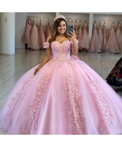 Quinceanera Dresses Ball Gowns Lace Off Shoulder Prom Dresses 3D Flower Puffy Sweet 15 16 Dresses for Women Blue $56.83 Dresses