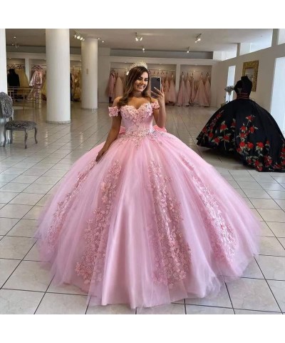 Quinceanera Dresses Ball Gowns Lace Off Shoulder Prom Dresses 3D Flower Puffy Sweet 15 16 Dresses for Women Blue $56.83 Dresses