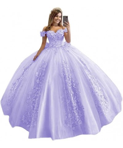 Quinceanera Dresses Ball Gowns Lace Off Shoulder Prom Dresses 3D Flower Puffy Sweet 15 16 Dresses for Women Blue $56.83 Dresses